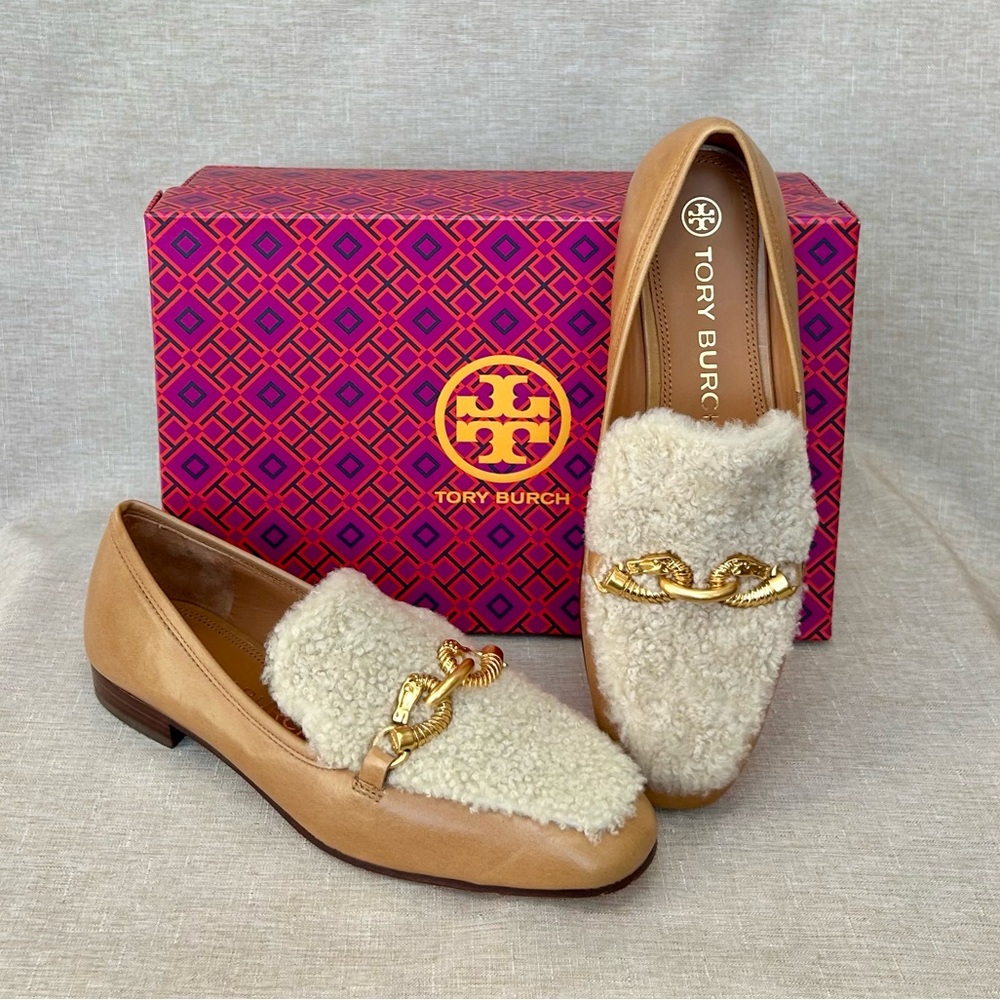 NWT Tory Burch Jessa Shearling & Leather Loafers – Caramel Brown, Size 8.5
